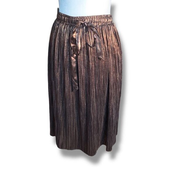 ModCloth Metallic Bronze Plisse Pleated Bow Detail Tie Front Retro Midi Skirt - Picture 1 of 8